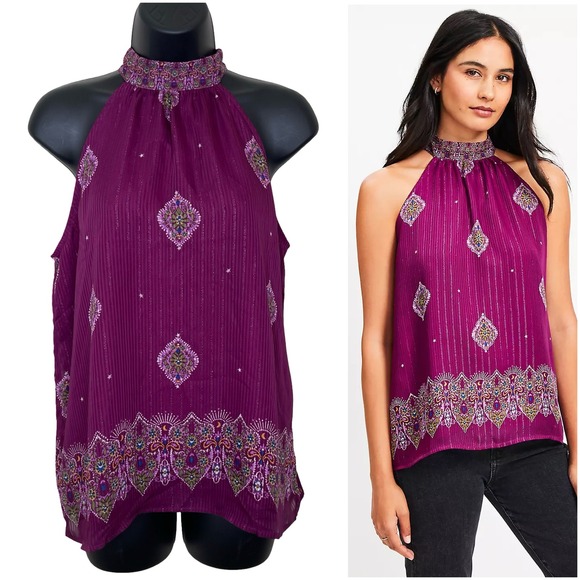 LOFT Tops - Loft Shimmer Stripe Mosaic Bow Back Halter Top Purple Paisley Womens S‎ NWT